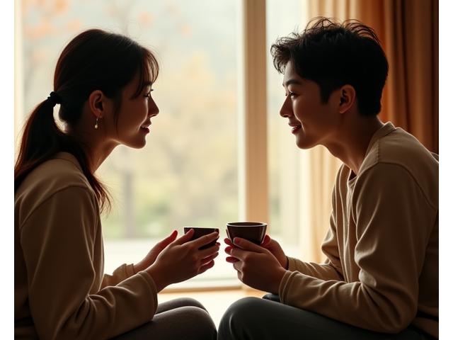 따뜻한 차를 마시며 진솔한 대화를 나누는 두 사람의 모습