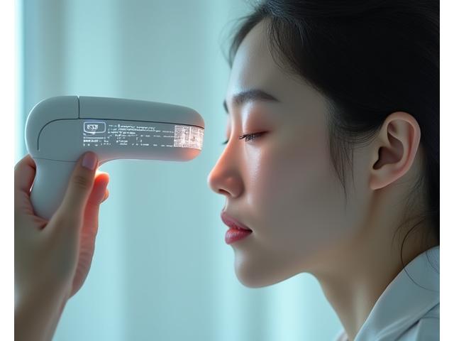 전문 AI 피부 분석 기기가 고객의 피부를 스캔하는 모습